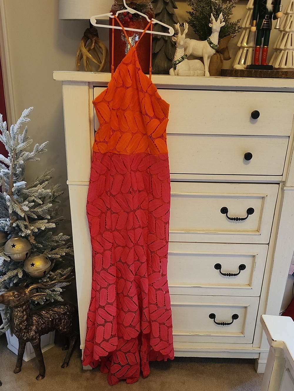 Orange and Pink Halter Lace Maxi Dress